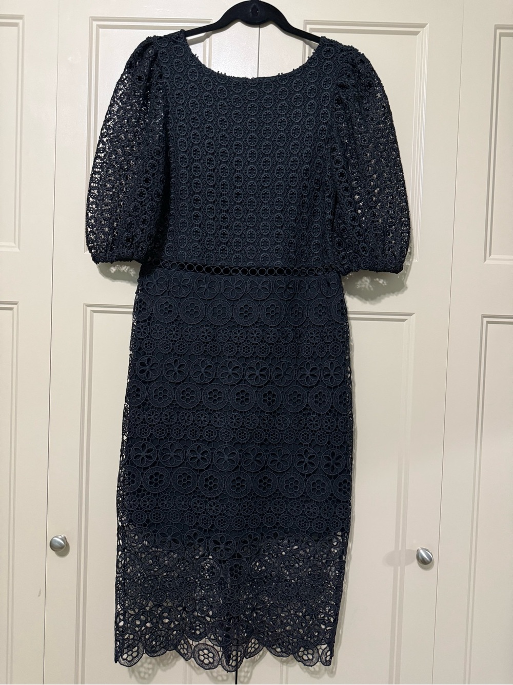 Express Black Eyelet Lace Midi Dress with Puff Sleeves - Picture 2 of 9